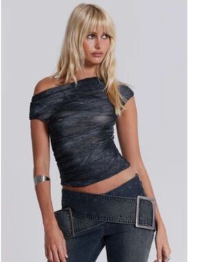 Women's Off-Shoulder Sheer Ruched Top - Black reign asymmetrical jaded London